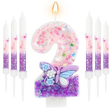 Imagem de AKURIEEY Borboleta 2º aniversário vela roxa número 2 com 6 peças velas longas para meninas, enfeite de bolo, decoração de cupcake, decoração de festa, aniversário, celebrações, suprimentos