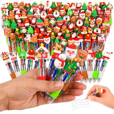 Imagem de LiYiQ 100 canetas multicoloridas de Natal em um desenho animado, fofas, divertidas 4 em 1, canetas esferográficas fofas e fofas Kawaii, árvore de Natal, boneco de neve, Papai Noel, rena, para crianças