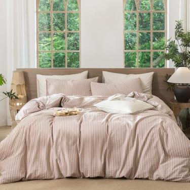 Imagem de MooMee Conjunto de capa de edredom listrado 100% algodão lavado como linho texturizado respirável durável macio confortável (listras largas laranja branco, Cal King 264 x 248 cm)