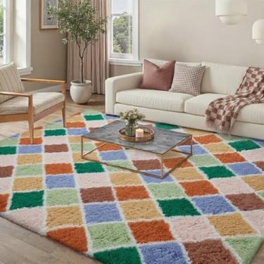 Imagem de PureCozy Tapete quadriculado 12 x 18 cm para sala de estar, colorido, moderno, macio, tapete antiderrapante para quarto, sala de jogos, decoração estética de casa