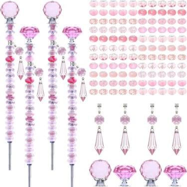 Imagem de Exway Kit de 100 contas de jardim com contas de varinha de fada DIY com contas de furo grande rosa, 4 hastes roscadas com tampa de cristal e 4 pingentes de cristal brilhante rosa para decoração