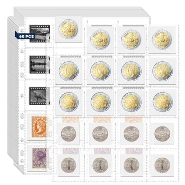 Imagem de 1200 bolsos sem ácido, mangas para moedas, antiaderentes e não brilham, adequadas para moedas 5 x 5 cm, pacote com 60 3 argolas para fichário de plástico transparente para colecionar carimbos