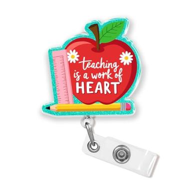 Imagem de Carretel retrátil para crachá Teaching is A Work of Heart com clipe jacaré de 5 cm, vida de professor, positividade, motivação, material acrílico escolar, suporte de crachá, acessórios para