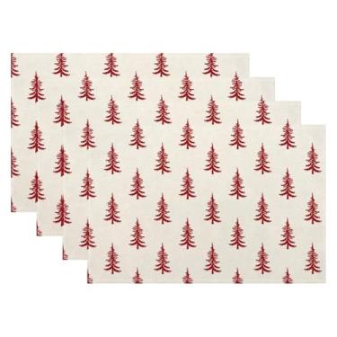 Imagem de Conjunto de 4 jogos americanos de Natal, tapete de mesa decorativo para árvores de Natal vermelhas, 30,5 x 45,7 cm, resistente ao calor, linha antiderrapante, tapete de mesa de Natal para festa