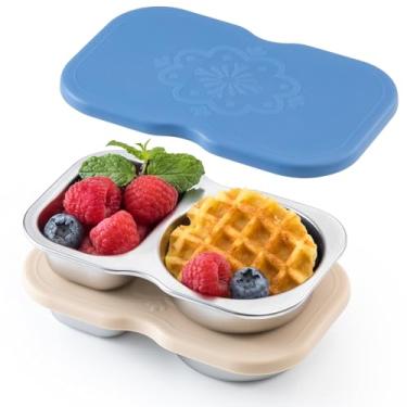 Imagem de VITEVER Pacote com 2 recipientes de lanche de aço inoxidável com 2 compartimentos com tampas, recipientes reutilizáveis para lanche, acessórios para lancheira, recipientes de molho de salada com