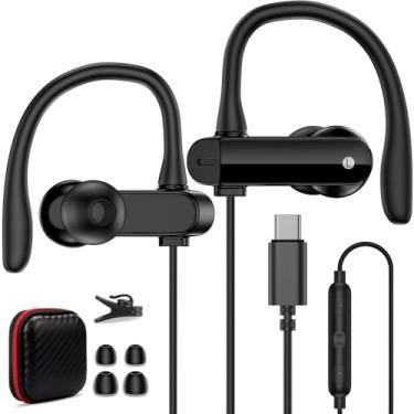 Imagem de Fones de ouvido USB C para iPhone 16 15 Pro Max Samsung S25 S24 Ultra S23 A35 A56, fones de ouvido com fio com ganchos intra-auriculares tipo C, fones de ouvido esportivos com microfone para iPad 10th