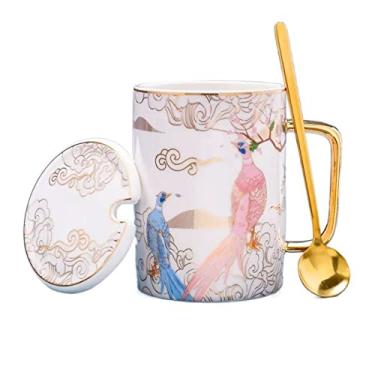 Imagem de Caneca criativa e personalizada estilo chinês caneca de osso antigo China xícara de café de grande capacidade com tampa e colher, caneca de café 450 ml (cor: branco)