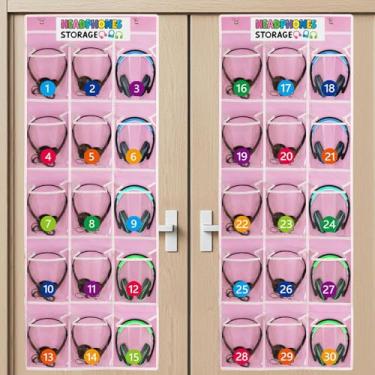 Imagem de Pacote com 2 organizadores de armazenamento de fones de ouvido para sala de aula com 30 bolsos, tabela de bolso transparente de PVC para fone de ouvido celular, bolsa com 62 etiquetas (rosa)