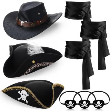 Imagem de Chicingyou Conjunto de 9 peças de acessórios de pirata de couro, pirata, chapéu de tricórnio, faixa de cetim para fantasia de piratas, Preto, tamanho �nico