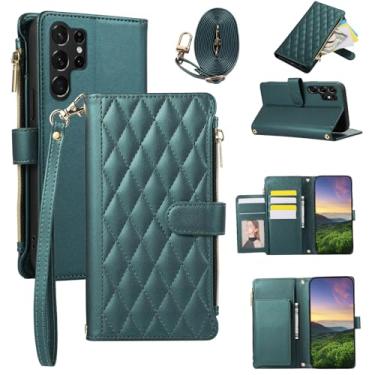 Imagem de Capa carteira para Samsung Galaxy S23 Ultra, capa de couro com 6 compartimentos para cartão e 1 compartimento para dinheiro e 1 bolsa com zíper, fivela magnética à prova de choque com alça de mão e