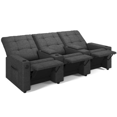 Imagem de Poltrona Do Papai Reclinável Cinema 3 Lugares Manual Baú Usb Haifa F05 Linho Chumbo - Lyam Decor