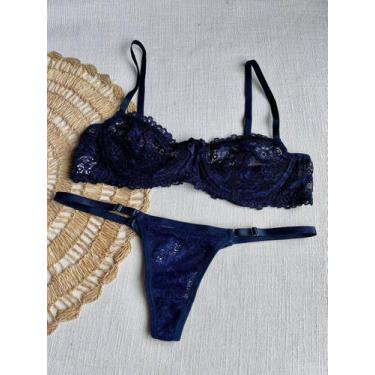 Imagem de Conjunto Calcinha Fio Dental De Renda Gatria Com Sutiã De Renda Sem Bo