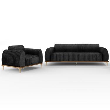 Imagem de Kit Sofá 3 Lugares Sala Estar 180cm E Poltrona Molino Pés D'ouro D02 Linho Chumbo D-465 - Lyam Decor