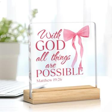 Imagem de Placa de decoração de laço rosa com laço rosa quarto banheiro dormitório decoração estética para meninas universitárias versículos bíblicos inspiradores presentes acrílico decoração de escritório