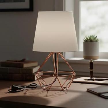 Imagem de Luminária de Mesa Abajur Base Diamante Aramado Cúpula Tecido Escritório Quarto (ROSE/BRANCO)