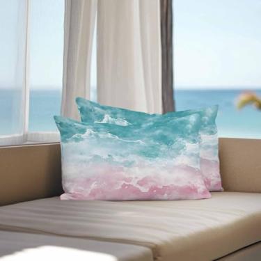 Imagem de Conjunto de 2 capas de almofada para área externa com estampa de ondas do oceano, rosa, azul-petróleo, para ambientes externos, decorativas, 50 x 30 cm, capa de almofada para sofá, cama, jardim
