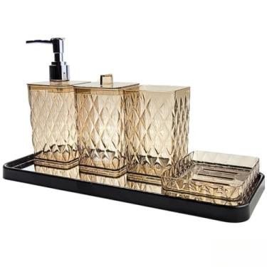Imagem de Kit Banheiro Luxo 5 Peças com Bandeja Espelhada Porta Escova Algodão Sabonete Líquido e Saboneteira Transparente Kit Lavabo Elegante e Funcional (KIT AMBAR BANDEJA PRETA)