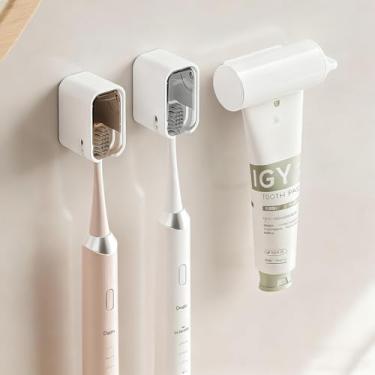 Imagem de Pacote com 2 porta-escovas de dentes com clipe de pasta de dente, suporte de escova de dente elétrico montado na parede com capa, design inovador de slot único, para família de chuveiro e viagens