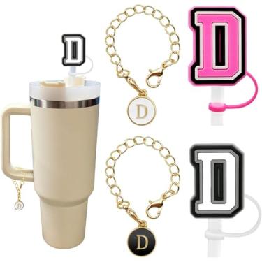 Imagem de Pacote com 4 capas de canudo de letras de silicone para copos Stanley, tampas de canudo do alfabeto reutilizáveis, acessórios personalizados para garrafa de água (letra D)