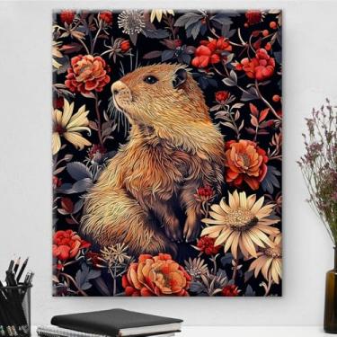 Imagem de Arte de parede botânica vintage marmota emoldurada - decoração de parede com flores escuras Academia para sala de estar quarto casa 20 x 25 cm