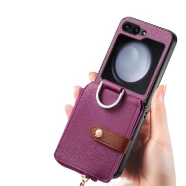 Imagem de Para samsung flip 5 cartão bolso caso de telefone para samsung galaxy z flip5 flip 5 5g capa protetora de couro, roxo, para samsung z flip 5