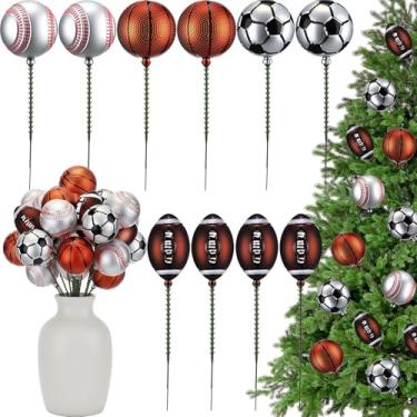 Imagem de Knitgrip 24 peças de enfeites de bola de Natal com tema esportivo de 19 cm em palhetas com fio, palitos de árvore de Natal, basquete, beisebol, futebol, futebol, bolas para decoração de vasos