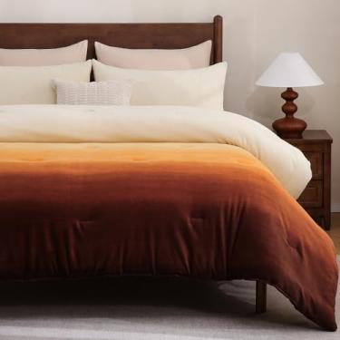 Imagem de Bedbay Conjunto de edredom fofo, luxuoso, de veludo, leite, tamanho king, laranja, gradiente, 3 peças, colcha quente de inverno para cama queen size com 2 fronhas