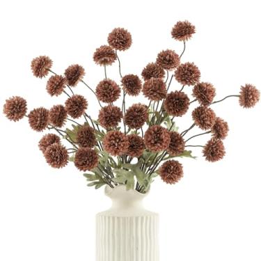 Imagem de DuHouse 6 peças de flores artificiais de seda sintética, mini bola de crisântemo de seda pequena com hastes para buquês faça-você-mesmo, vaso de mesa, decoração de cozinha (marrom mocha)