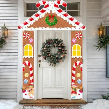 Imagem de 3 peças de decoração de casa de gengibre de Natal, capas de porta de pão de gengibre, faixa pendurada, placa de varanda para decoração de parede de fundo de festa de Natal (Couplet)
