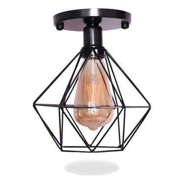 Imagem de Lustre De Teto Industrial Plafon Retrô, Luminária Aramada Diamante, Estilo Geométrico, Acabamento Dourado, Iluminação para Sala de Estar (Preto)