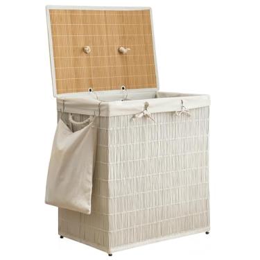 Imagem de Cesto de roupa suja com tampa, cesto de roupa grande de 150 litros, 2 sacos de forro removíveis, cesto de roupas de vime sintético com bolso lateral, organização de lavanderia para banheiro