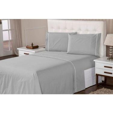 Imagem de Jogo de Lençol Casal Super King 4 Peças Cinza 100% Algodão - Bordados 