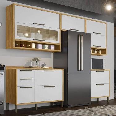 Imagem de Armário de Cozinha com Balcão e Tampo 8 Portas 4 Gavetas Pérola 100% Mdf Vidro Reflecta Amêndoa/Branco - Pnr Móveis