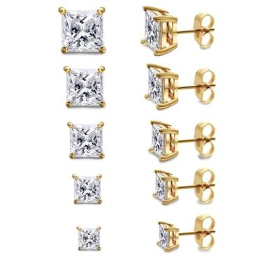 Imagem de Gemsme 6 pares de brincos de zircônia cúbica para mulheres/homens - conjunto de brincos transparentes de 3 a 8 mm de corte redondo, 4 pinos, banhados a ouro 18 K, hipoalergênicos, 3 a 8 mm, Latão