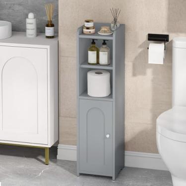 Imagem de Hzuaneri Armário de armazenamento de banheiro, armário de canto com portas e prateleira ajustável, armários estreitos de papel higiênico, organizador de banheiro para espaços pequenos, cinza BC19721X
