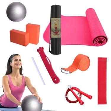 Imagem de Kit de ioga | Tapete de exercício com blocos de ioga, inclui faixa de resistência, faixa elástica, equipamento de exercícios para pilates e fitness