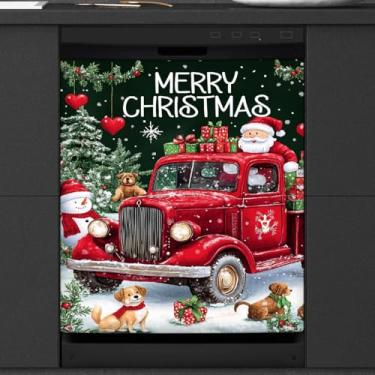 Imagem de Capa de ímã de lava-louças de Natal caminhão vermelho, capas magnéticas para decoração de lava-louças, capa magnética para porta de geladeira, decalque de geladeira para cozinha, eletrodomésticos