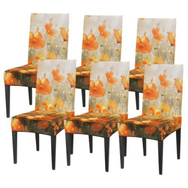 Imagem de hongjinglin Conjunto de 6 capas elásticas para cadeira de sala de jantar, capa protetora de assento de flor, laranja, moderna, lavável, para cozinha, casa, hotel, banquete, festa de casamento
