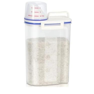Imagem de Pote Hermético Multiuso com Dosador, 1,5kg, Transparente, Branco e Azul, Tampa Hermética, Vedação em Borracha, Copo Medidor Integrado, 21x15x9cm