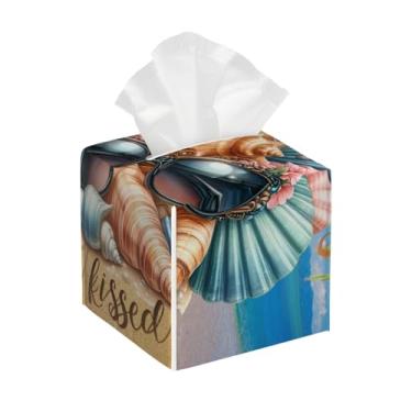 Imagem de Capa quadrada de couro para caixa de lenços à prova d'água, verão, praia, organizador de papel facial quente com cinto inferior, estojo de lenços para mesa, banheiro, escritório, mesa, carro