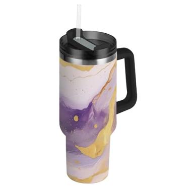 Imagem de SEHANY Copo de mármore roxo de 1,134 g com tampa e canudo, aço inoxidável de vácuo duplo isolado garrafa de água esportiva suporte para copo de café de viagem à prova de vazamento para bebida gelada