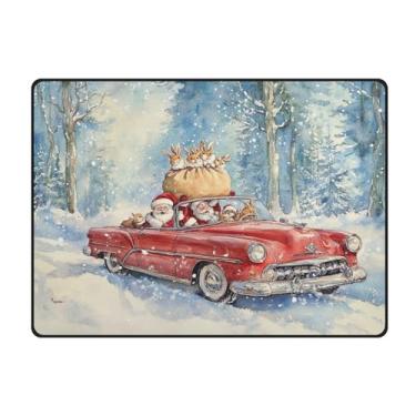 Imagem de Blueangle Tapetes de Natal laváveis de 10 x 13 cm para sala de estar - Tapete ultramacio antiderrapante resistente a manchas com estampa de carro vermelho vintage, decoração de férias para quarto e