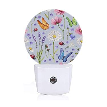 Imagem de Axayaz Butterfly Flowers Dusk to Dawn Round Night Light Pink Violet Lavender Daisy Lady Bug Auto Sensor Lamp Home Indoor Stairway Kitchen Corridor