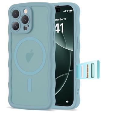 Imagem de BTBTCASE Capa compatível com iPhone 16 Pro Max de 6,1 polegadas 2024, linda moldura ondulada kawaii à prova de choque translúcida fosca protetora magnética 16 Pro Max para mulheres e meninas, azul