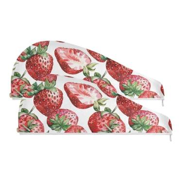 Imagem de SEHANY Toalha de cabelo de microfibra de morangos rosa aquarela para mulheres, 2 peças, turbantes de cabelo de secagem rápida com botão, touca de cabelo seco absorvente toalha de secagem de cabelo