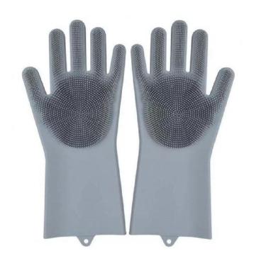 Imagem de Par De Luvas Com Esponja Silicone Lava Louças Multiuso Cinza