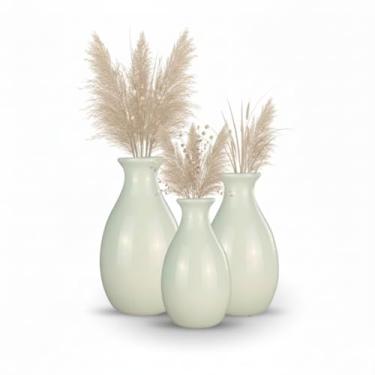 Imagem de Trio de Vasos Decorativos Bojudo Minimalista em Cerâmica Decoração para Sala, Mesa de Centro, Aparador Estante (OffWhite)