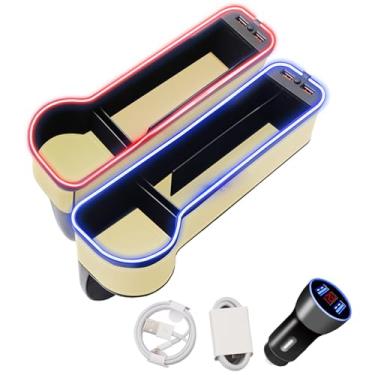 Imagem de Xiaoniu Pacote com 2 organizadores de assento de carro multifuncionais, estilo luxuoso, caixa de armazenamento com luz LED, caixa de armazenamento lateral de console automático com porta-copos (bege