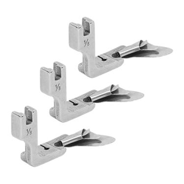 Imagem de Pé de hemmer curvo enrolado em forma de de bainha calcador de aço de fundo plano para máquina de costura de cama plana industrial 3 peças 3 x 5 cm