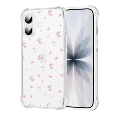 Imagem de FBHGLOA Capa de telefone para iPhone 17 de 6,3 polegadas, linda estética floral, com laço kawaii, design de flor rosa, branca, à prova de choque, antiamarelamento, capa protetora transparente para